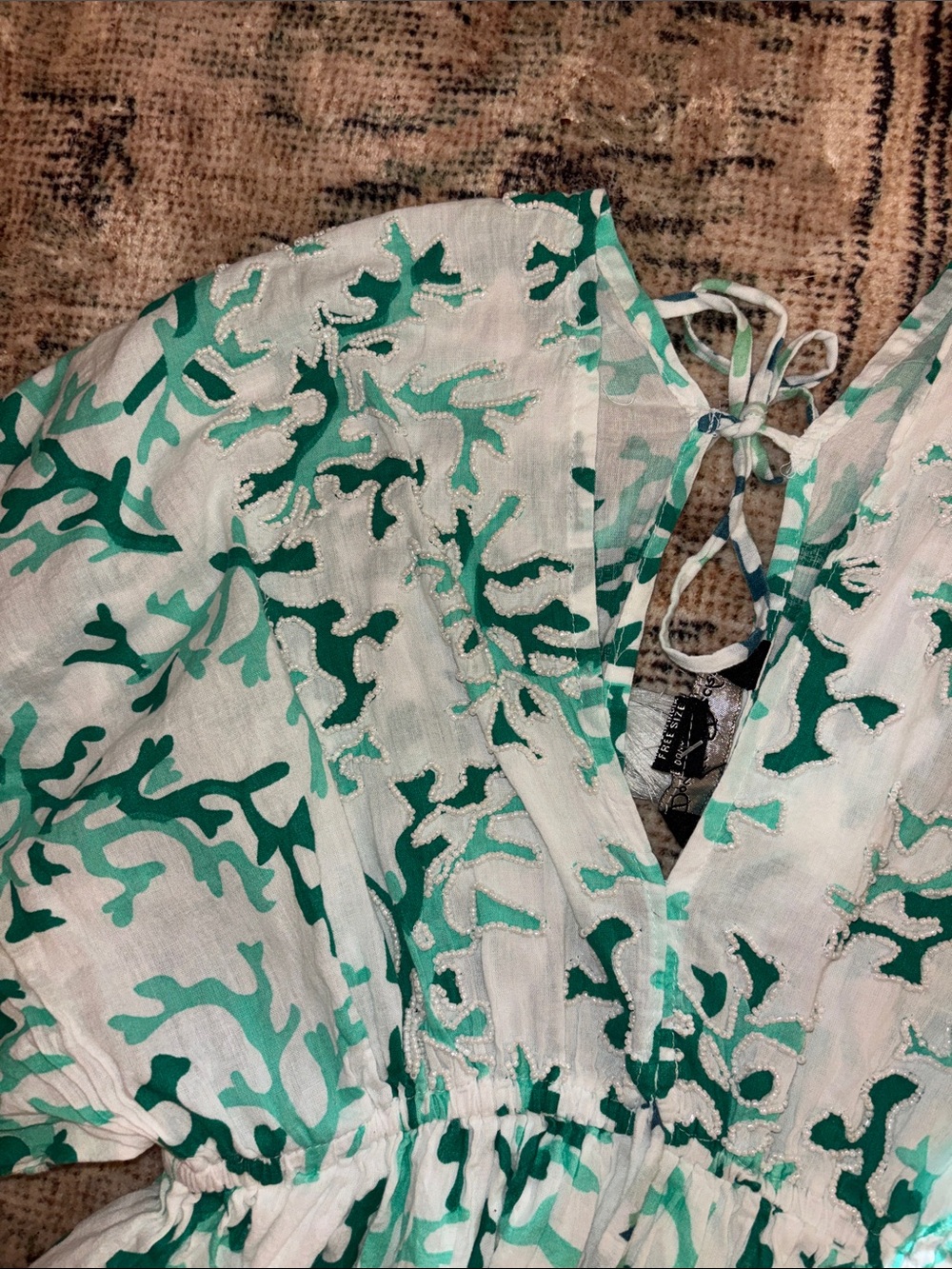 Green Coral Print Womens Dress with Tassel Tie - Picture 7 of 10